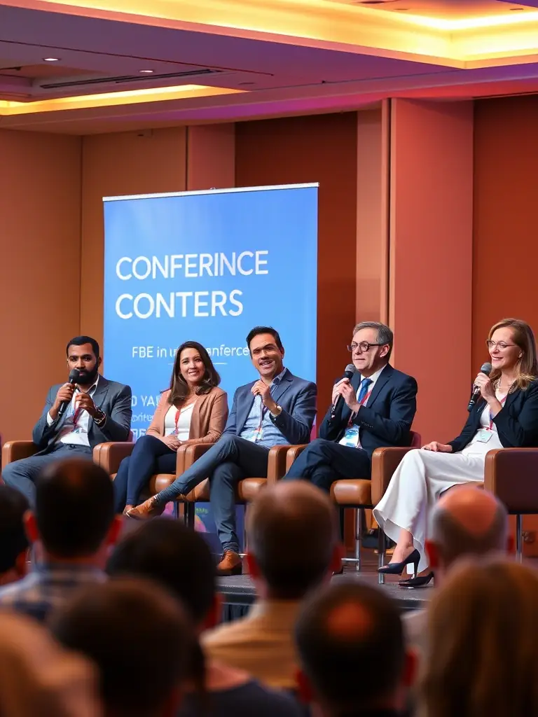 A professional photograph of the closing panel discussion, featuring a diverse group of experts discussing the future of e-commerce.