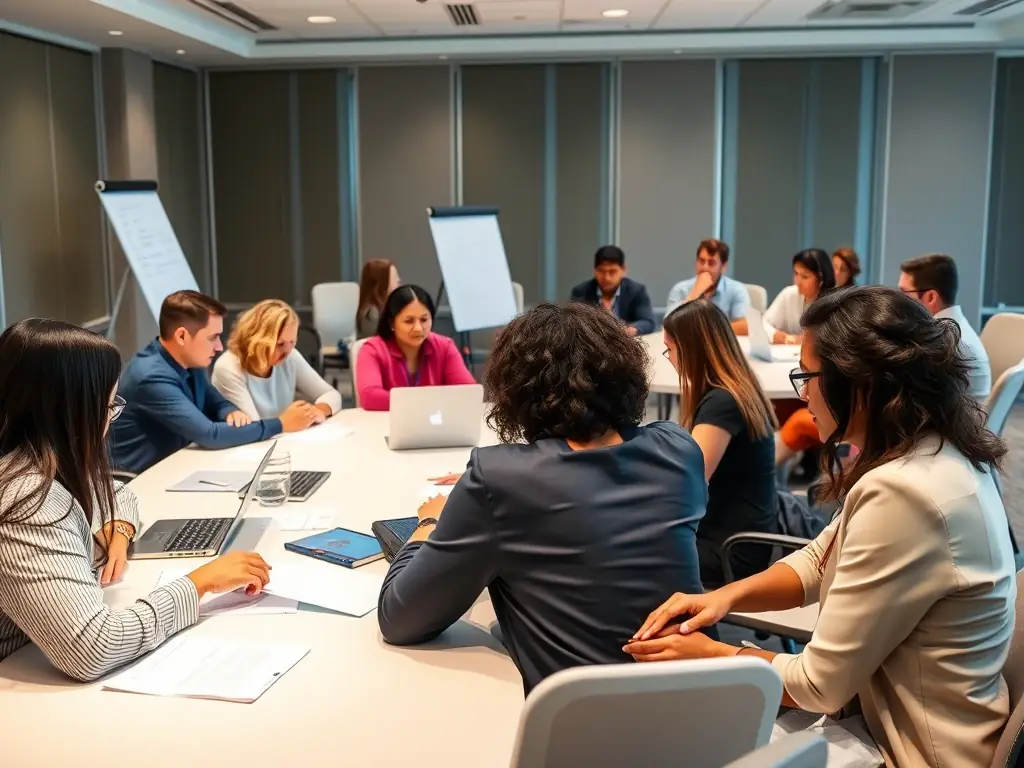 A photograph of a workshop session at a business conference, with attendees actively participating in a hands-on activity and collaborating in small groups.