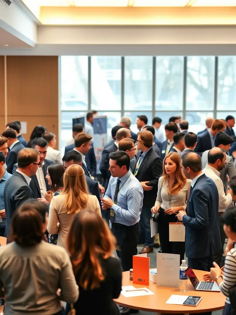 A vibrant image of a networking session, showing attendees actively engaging in conversations and exchanging business cards.