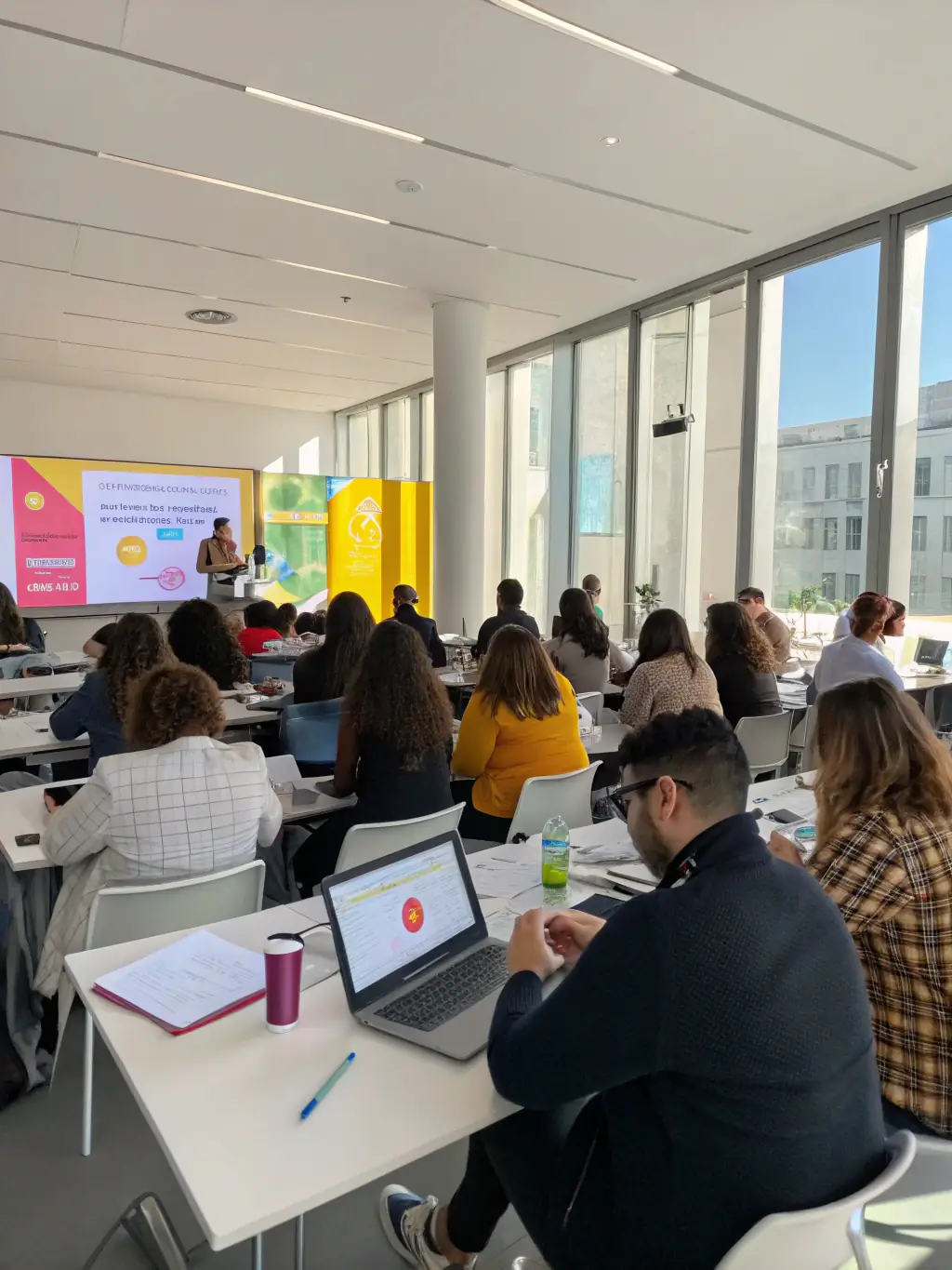 A dynamic shot of a workshop session, with participants actively involved in a hands-on activity related to digital marketing strategies.