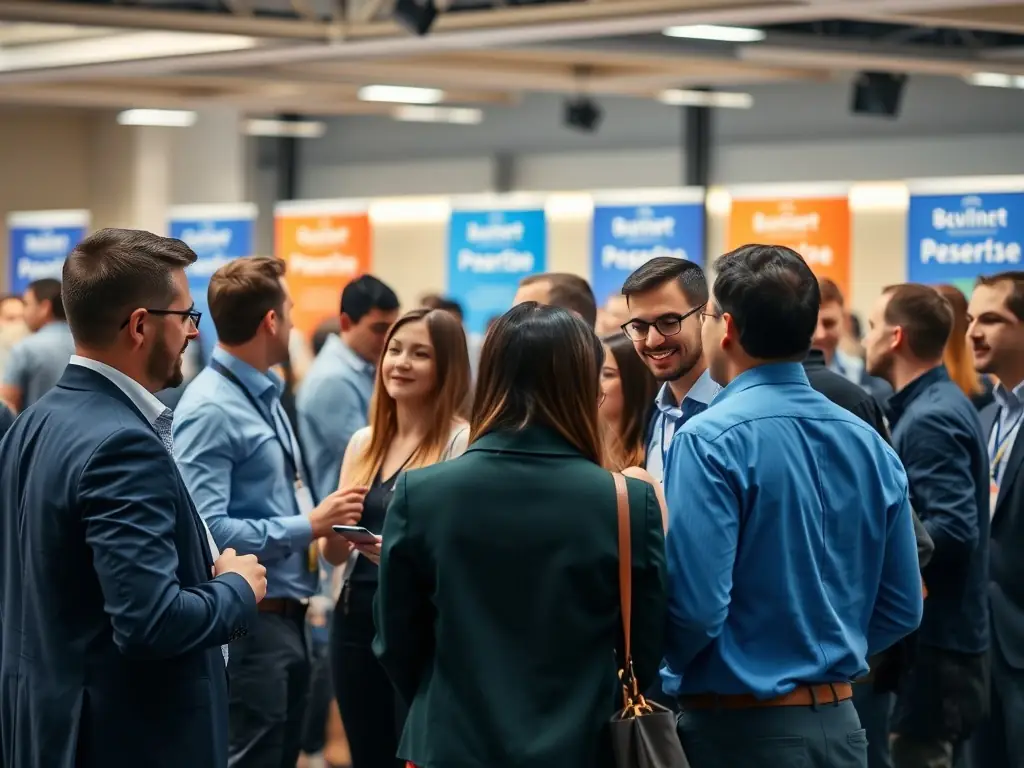 A photograph of a networking event at a business conference, showing attendees engaging in conversations and exchanging business cards.