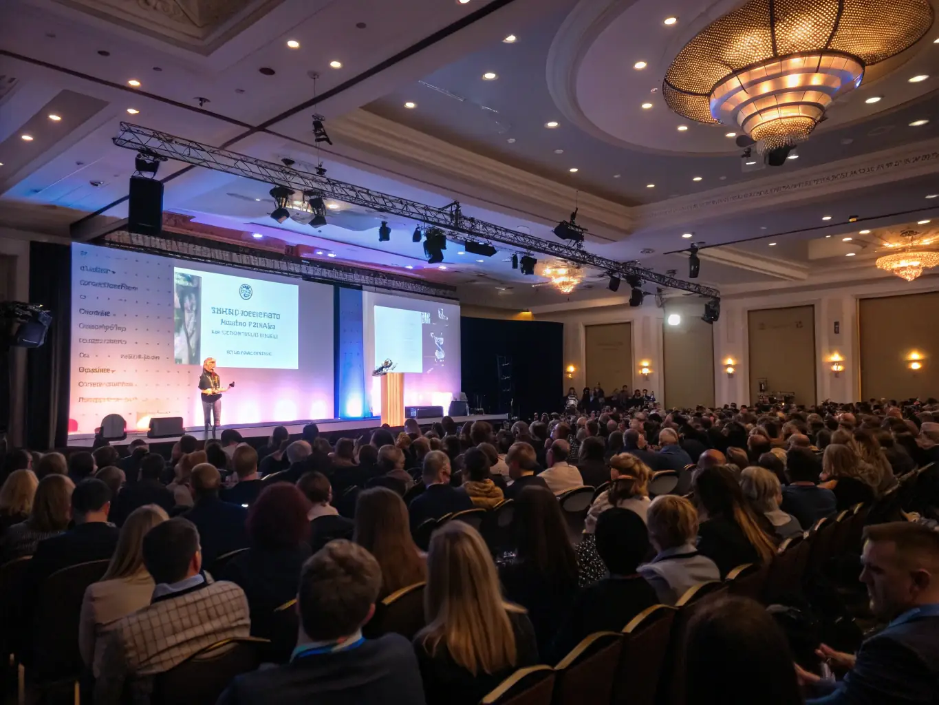A photograph of a conference hall during a keynote speech, with attendees listening attentively and a speaker on stage presenting data on a large screen.