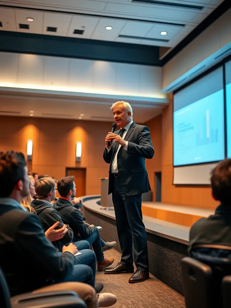 A photograph capturing the energy of the opening keynote speaker at the conference, delivering an engaging presentation to a large audience.